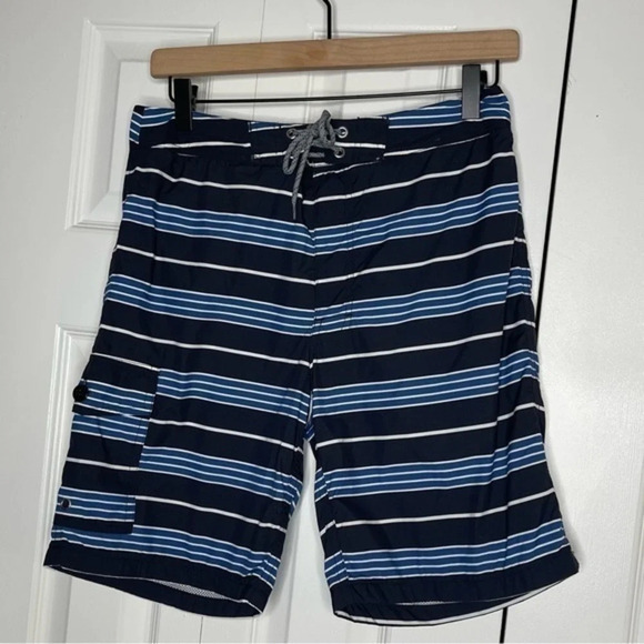 J Crew Men's 9" Stretch Eco Boardshorts Swim Blue Stripe Size 29 - Picture 1 of 6